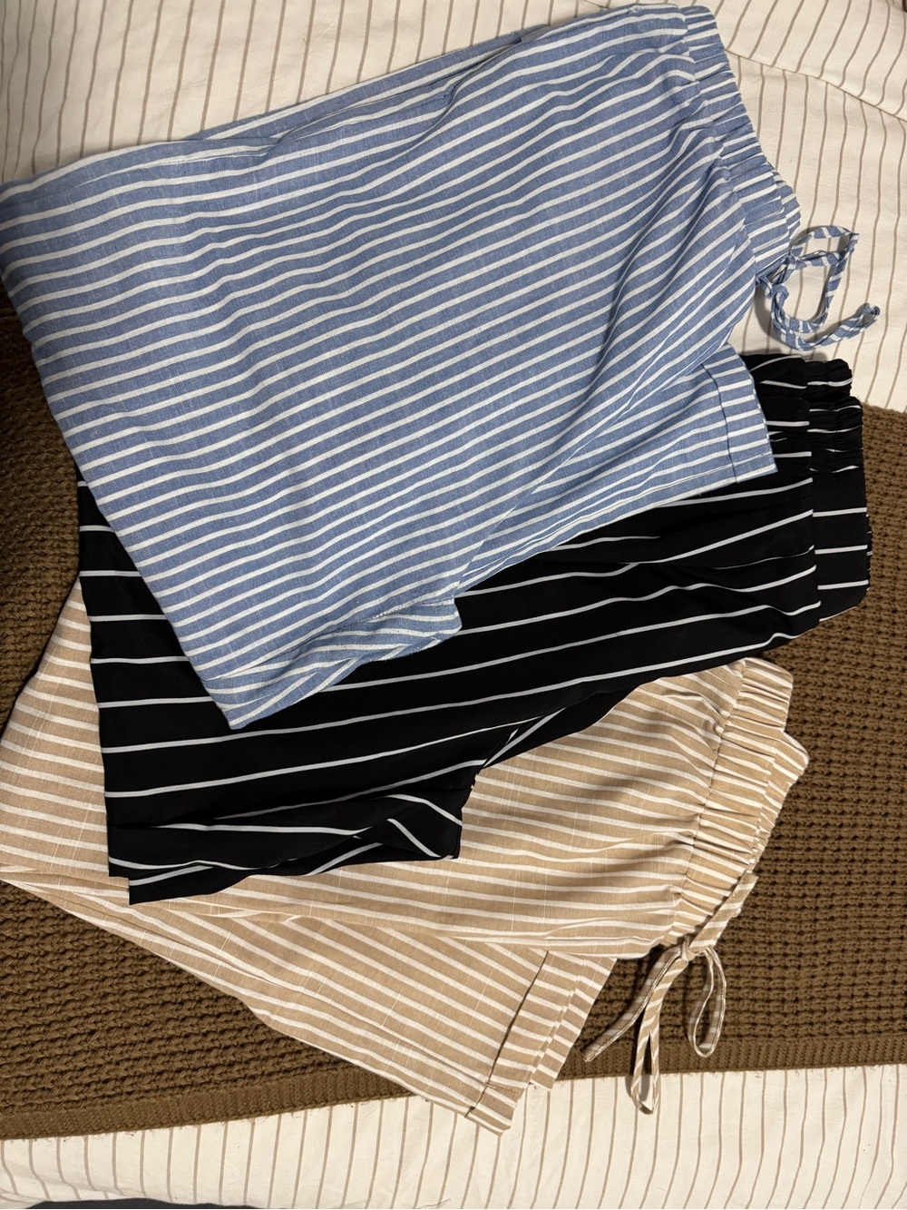 Striped Drawstring Lounge Shorts Trio - Blue, Black, Beige